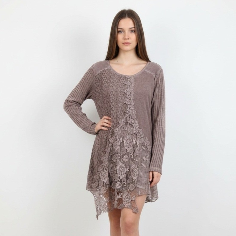 Feratelli XL Brown‎ Lace Trim Knit Short Dress Long Tunic Sweater Whimsy Fairy